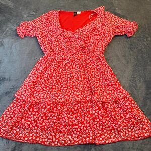 HM Divided Floral Ruffle Dress Womens size 10 Red Short Sleeve Tiered Mini